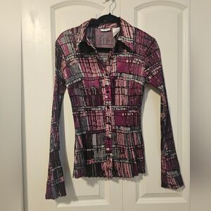 LAURA Womens Crinkle Pleated Blouse Stretch Pink Grey  SZ M